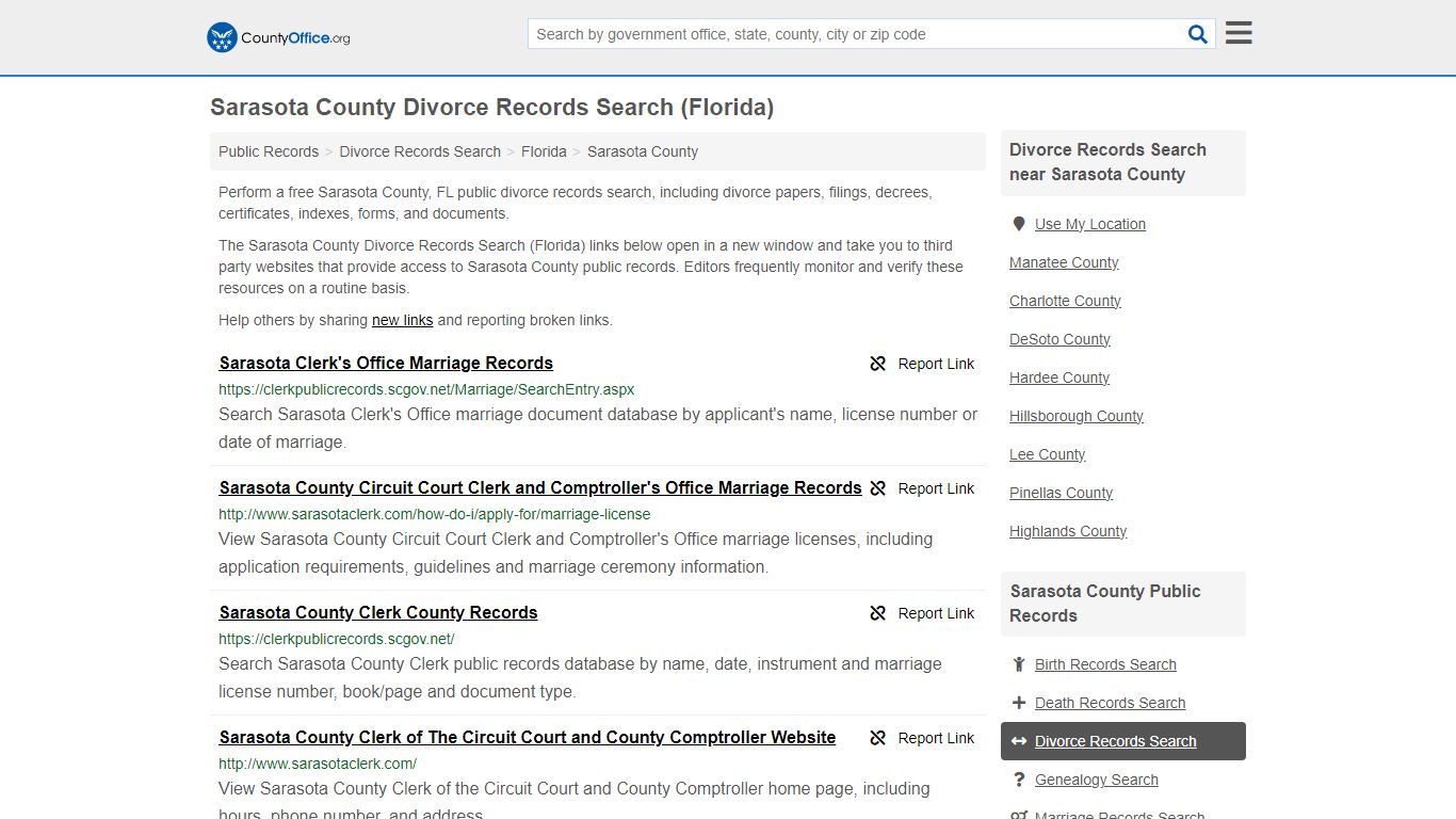 Sarasota County Divorce Records Search (Florida) - County Office