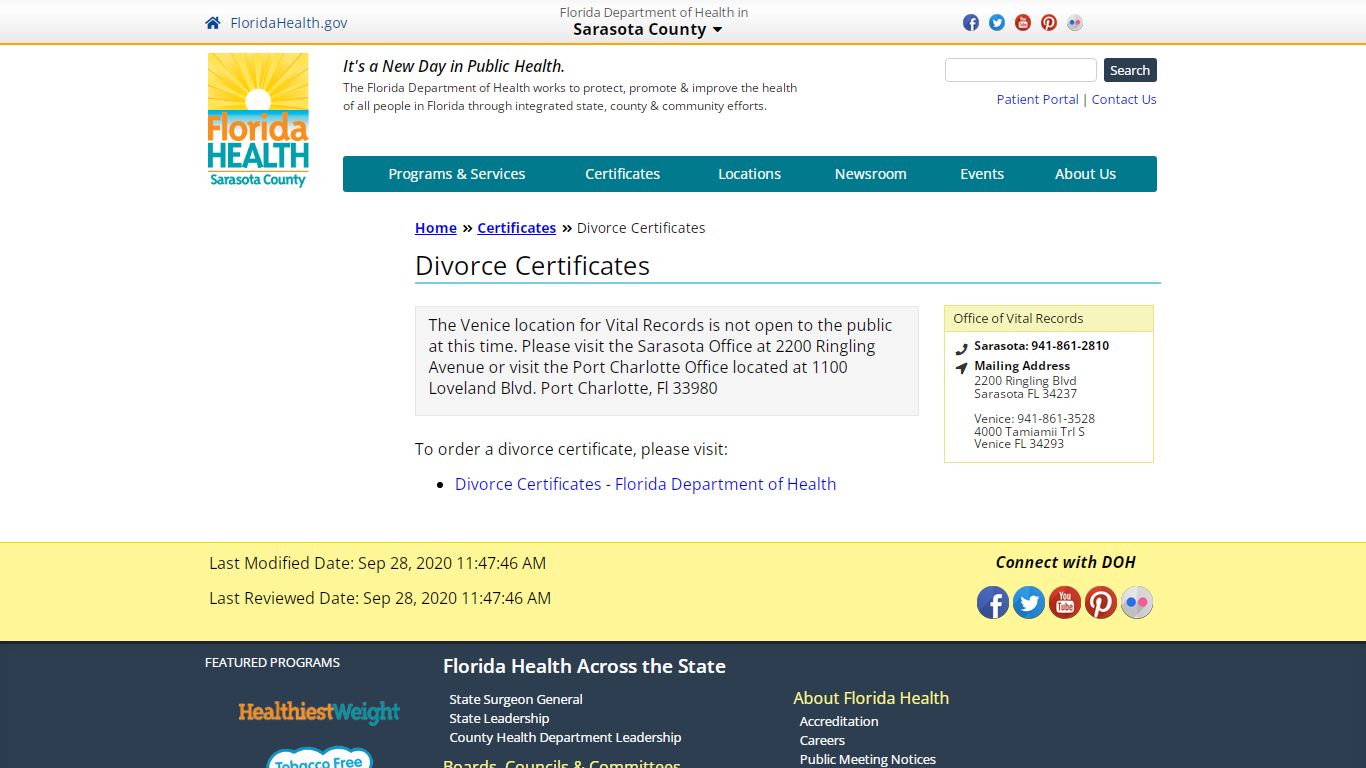 Divorce Certificates | Florida Department of Health in Sarasota